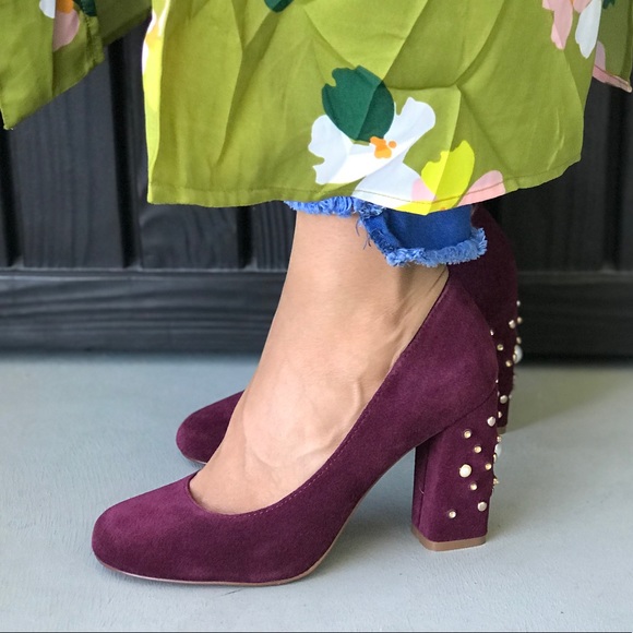 Pearl Drop Embellished Burgundy Block Heel Pumps - Picture 6 of 7